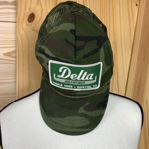 Delta Millworks Austin TX Trucker Hat Mens OSFA Green Camo Patch Snapback Mesh